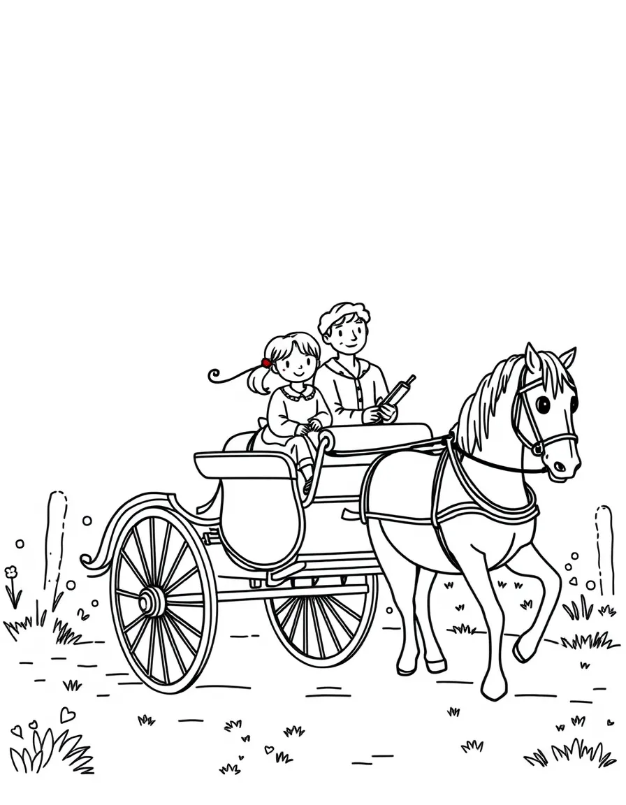 Parents and children in a horse-drawn carriage