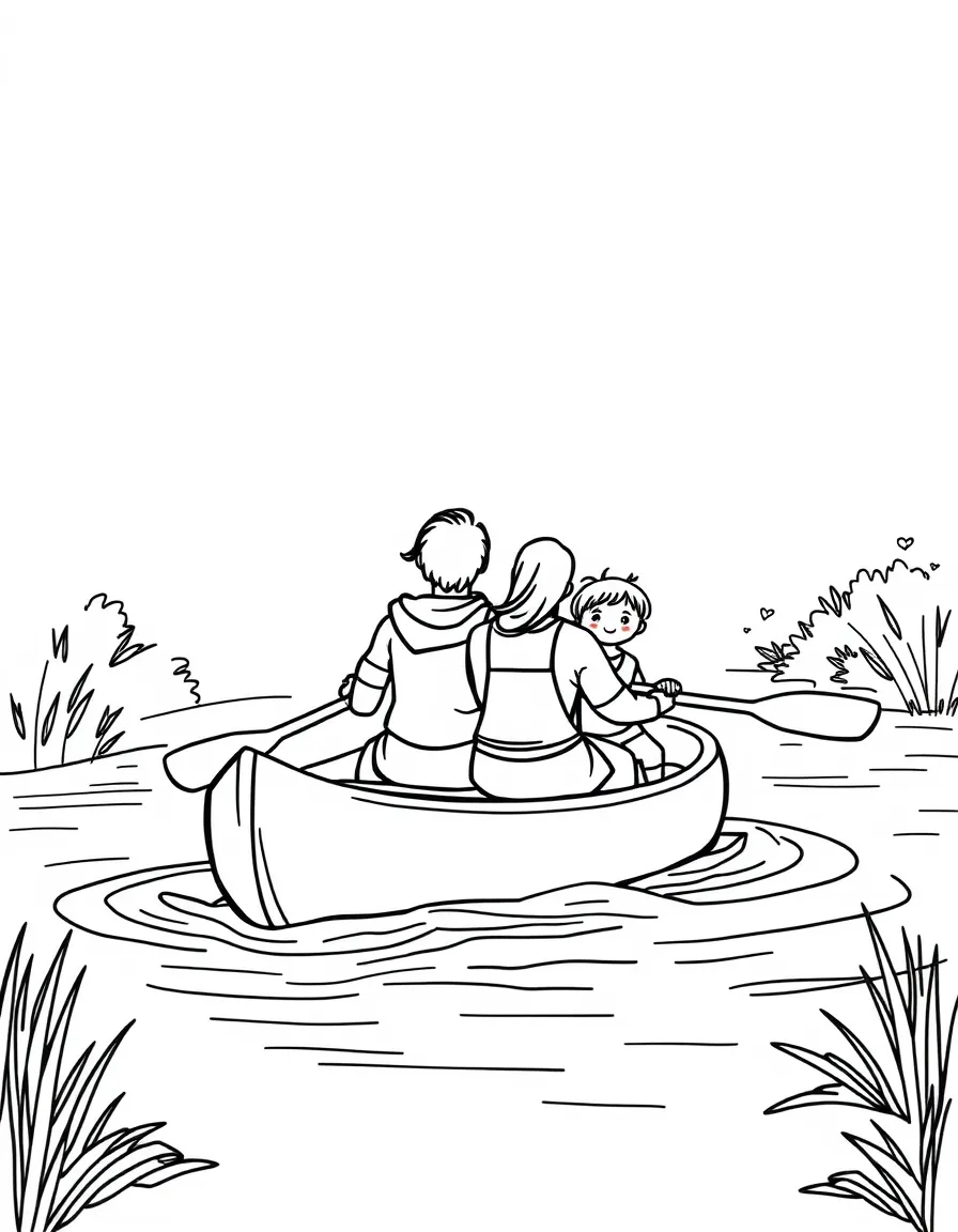 Parents and children in a canoe on a river
