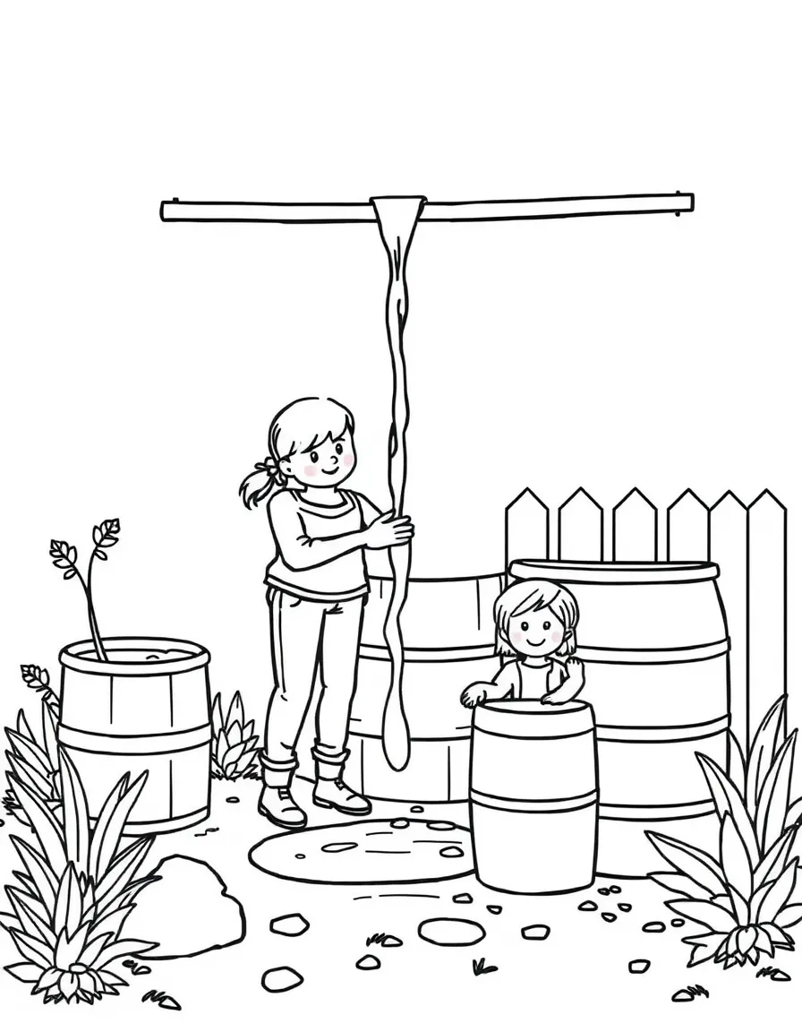 Family conserving water with rain barrels