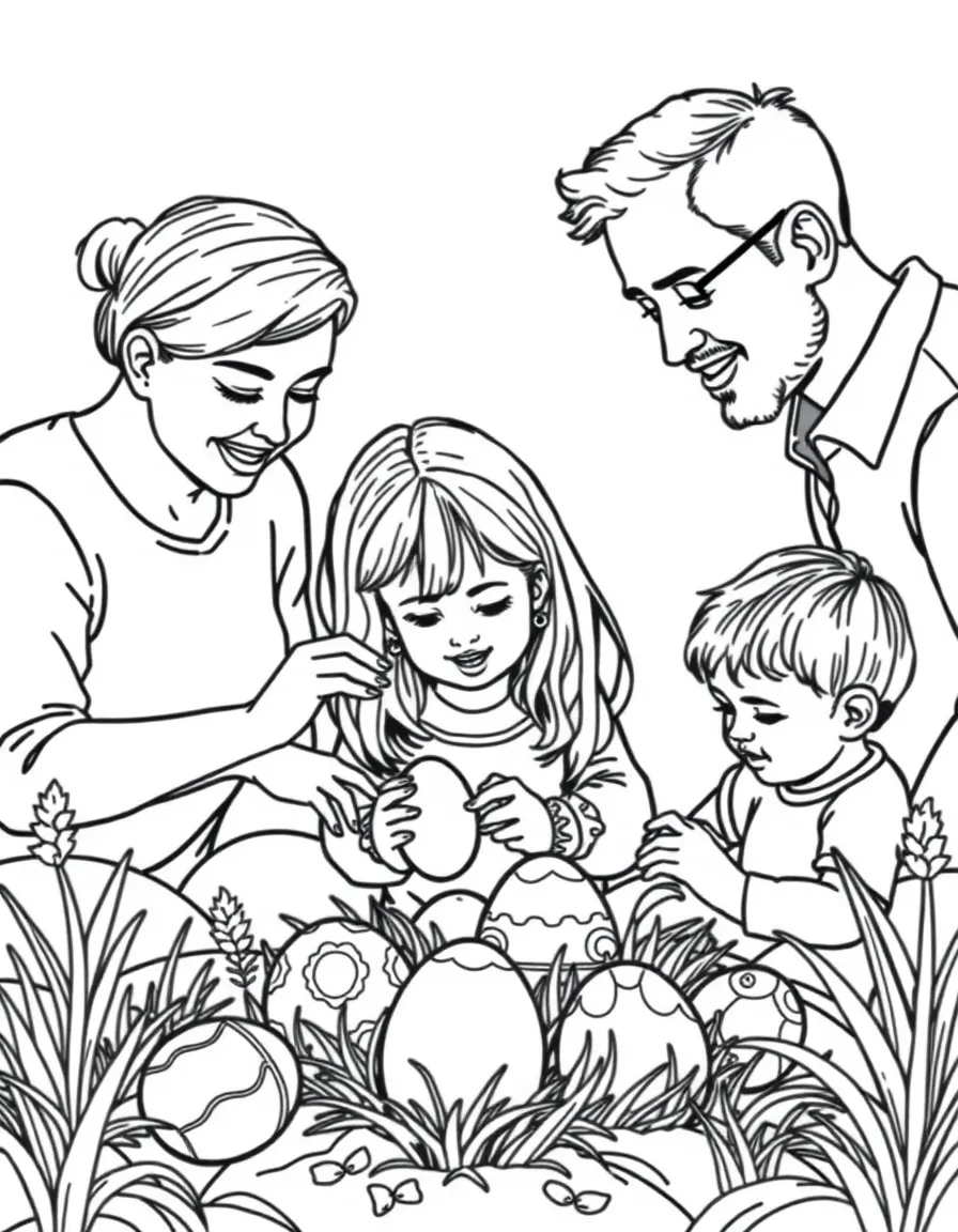 Parents and children decorating eggs for Easter