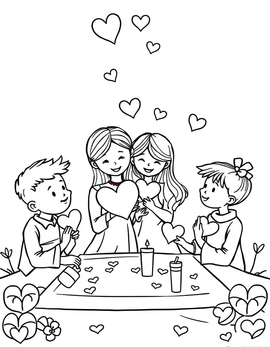 Family making heart-shaped cards for Valentine's Day