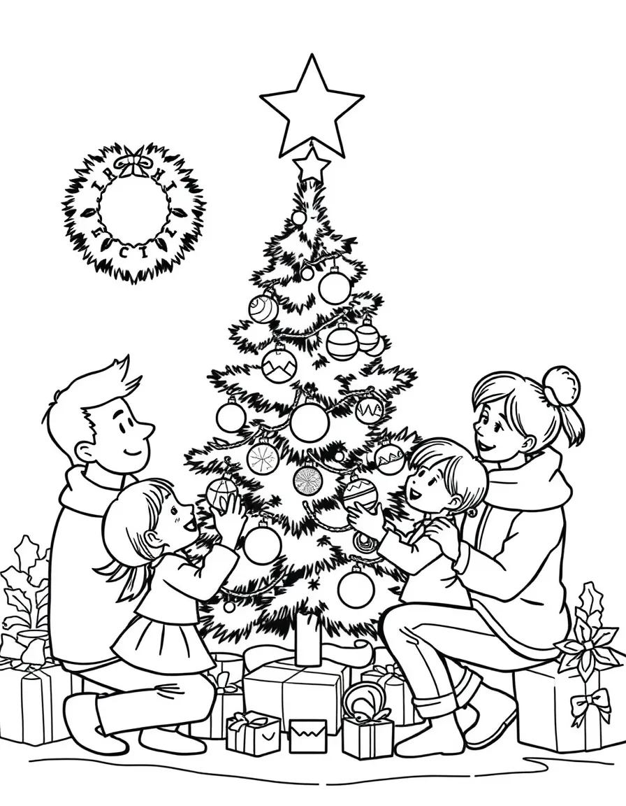 Family decorating a Christmas tree with ornaments