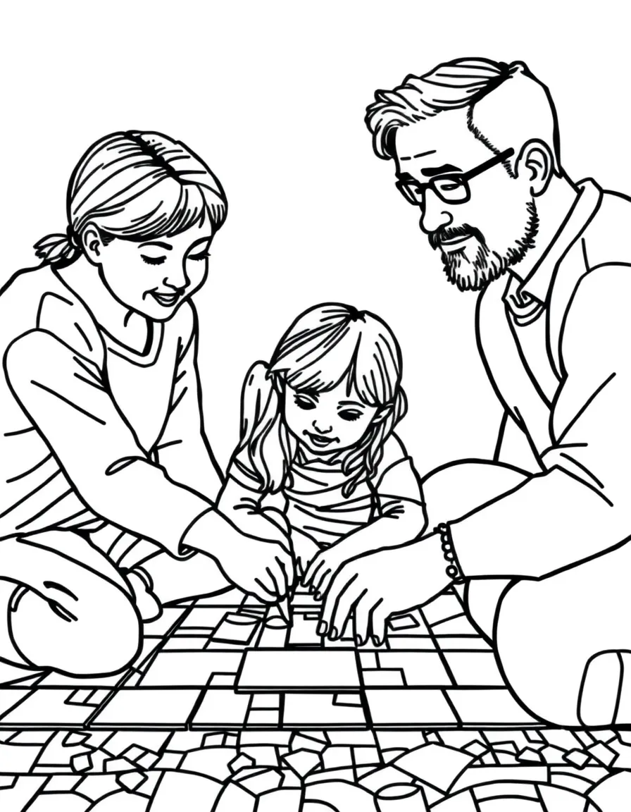 Family creating a mosaic with tile pieces