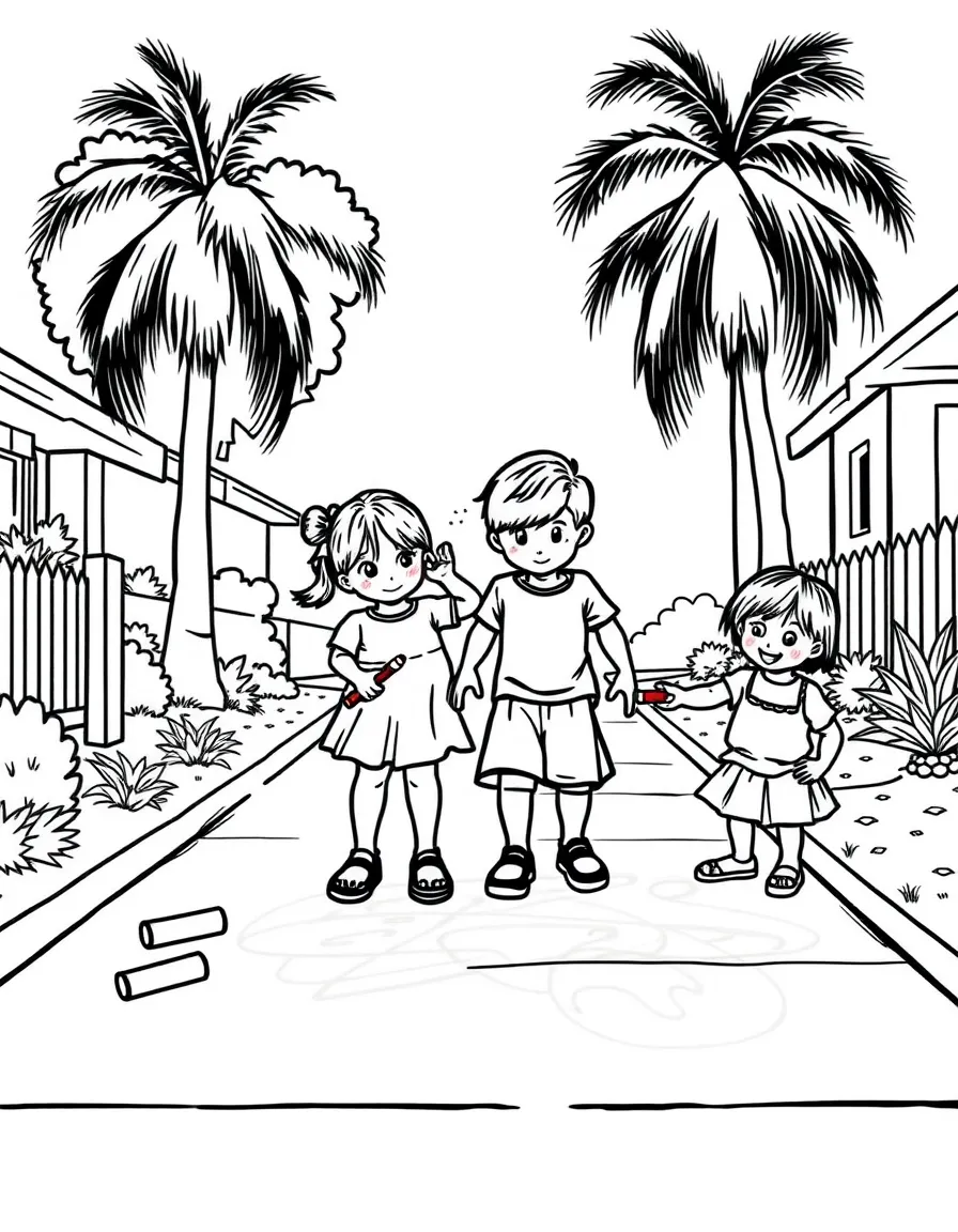 Family doing sidewalk chalk art on a driveway