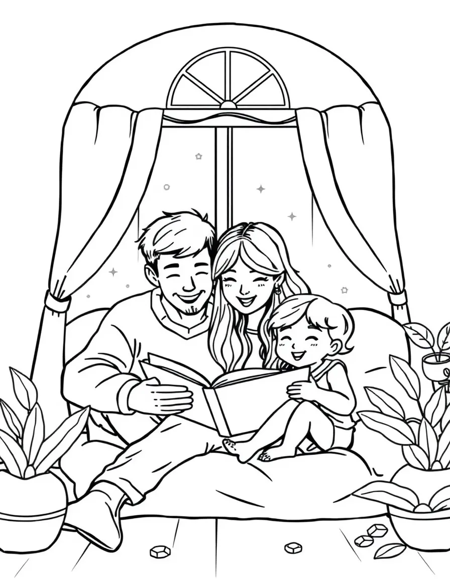 Family reading together in a cozy reading nook