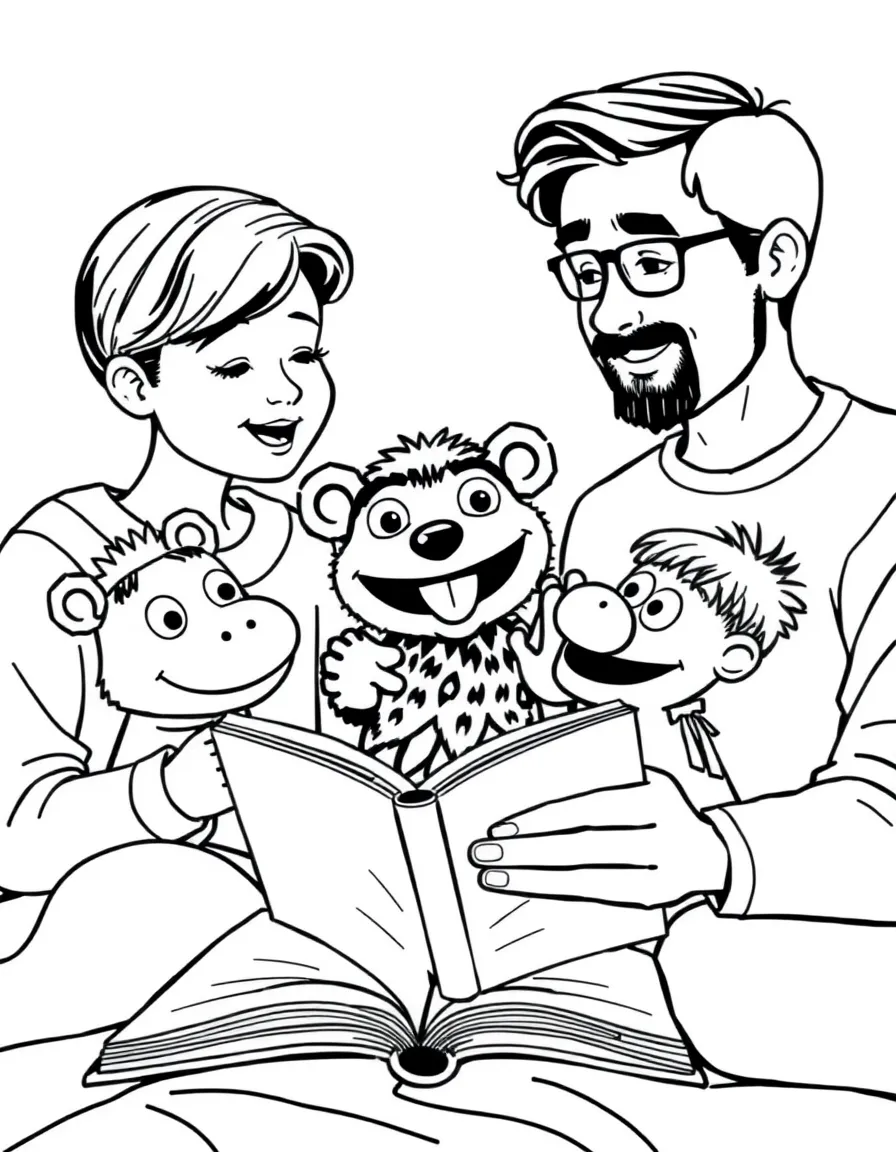 Parents reading bedtime stories with puppets