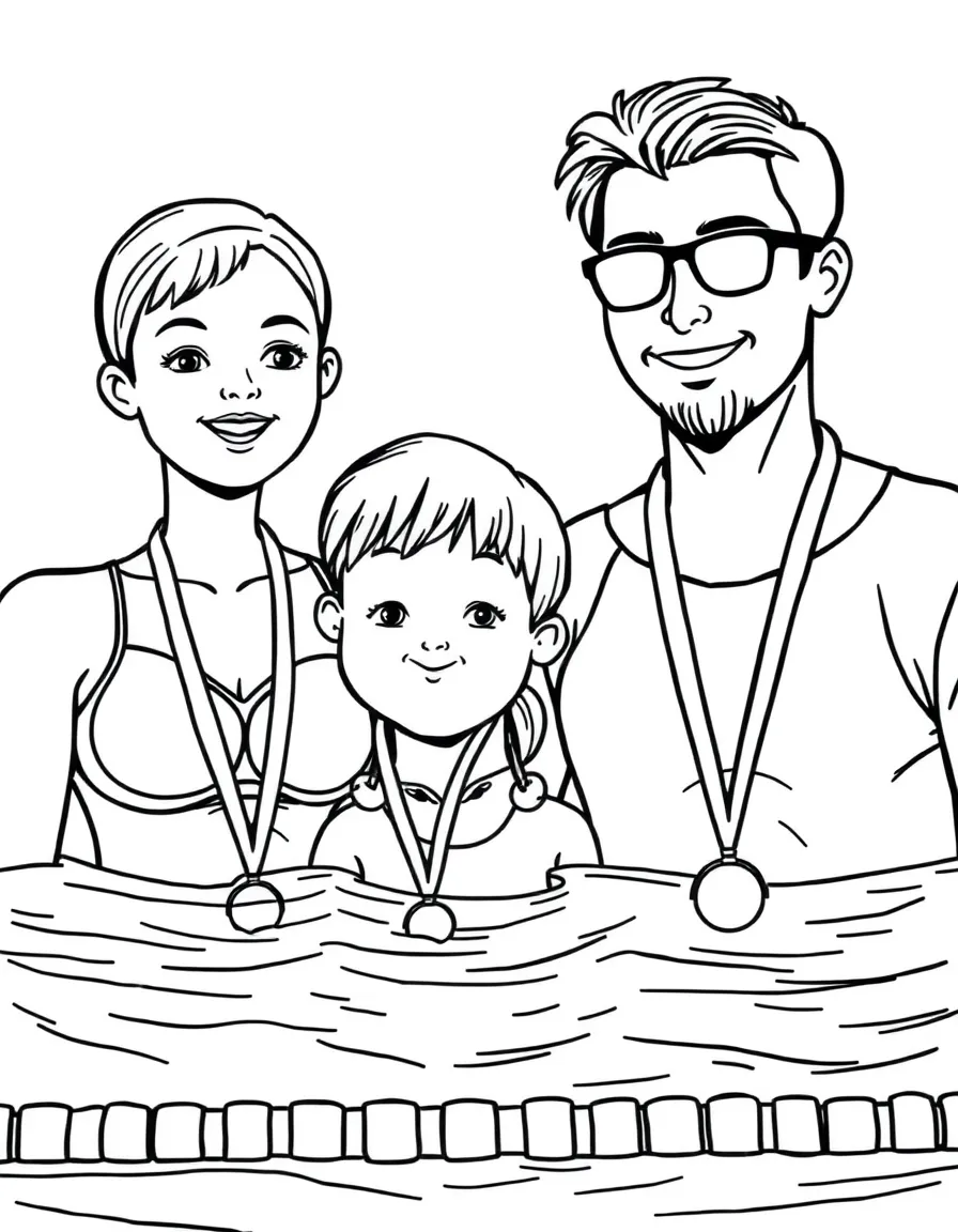 Family at a swimming competition with medals