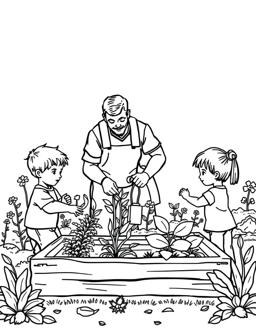 Children and parents building raised garden beds