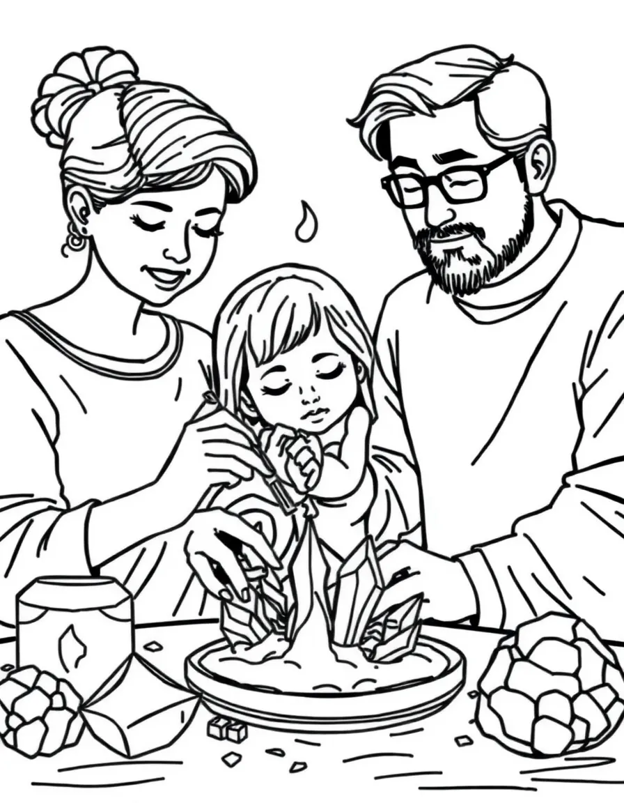 Family making crystals with sugar solution