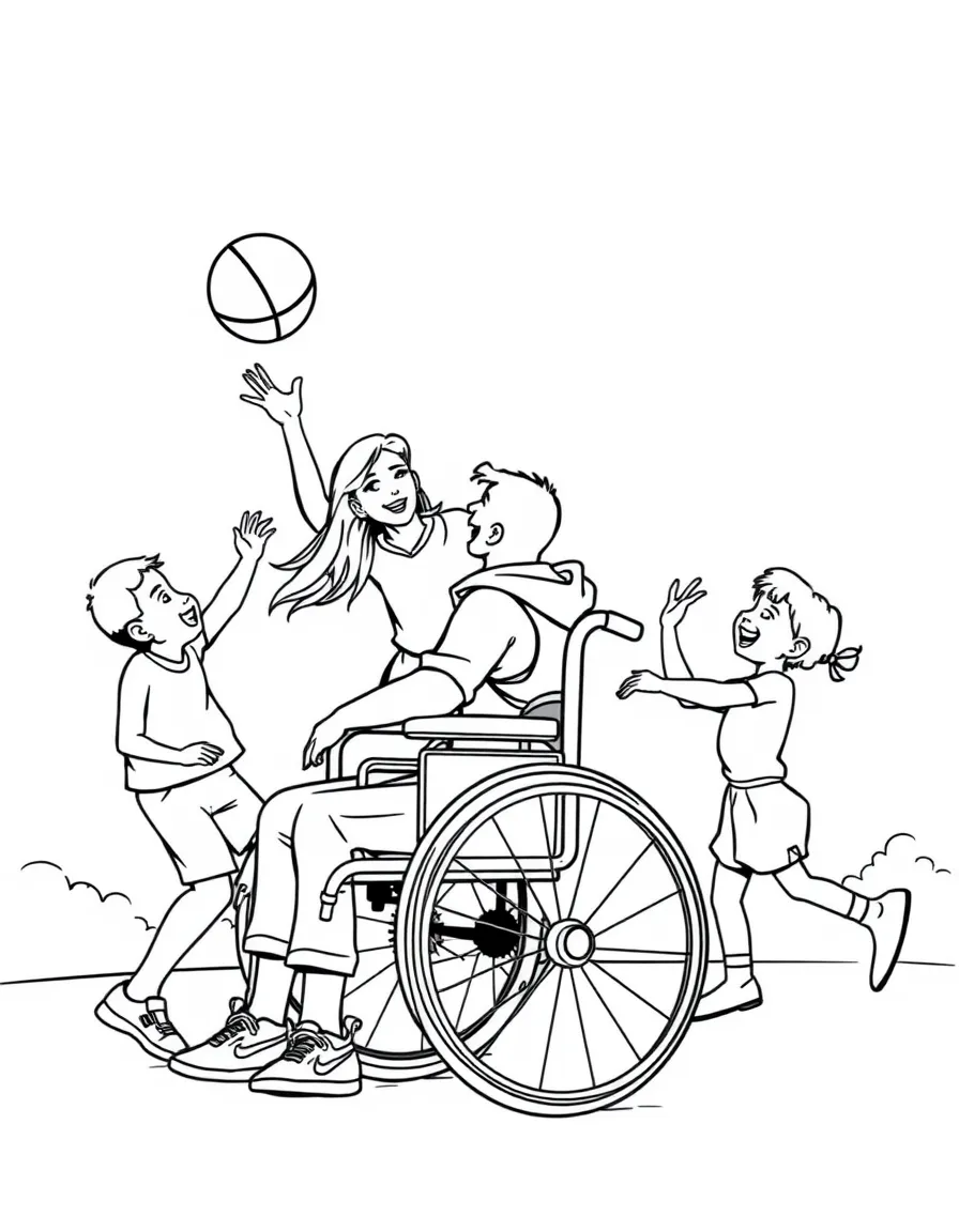 Family with member in wheelchair playing basketball