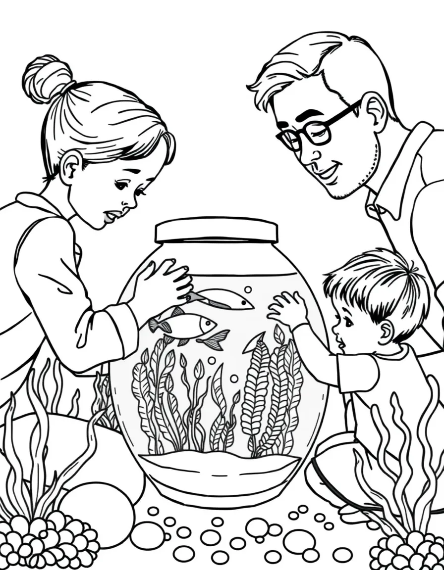 Parents and children building a fish tank