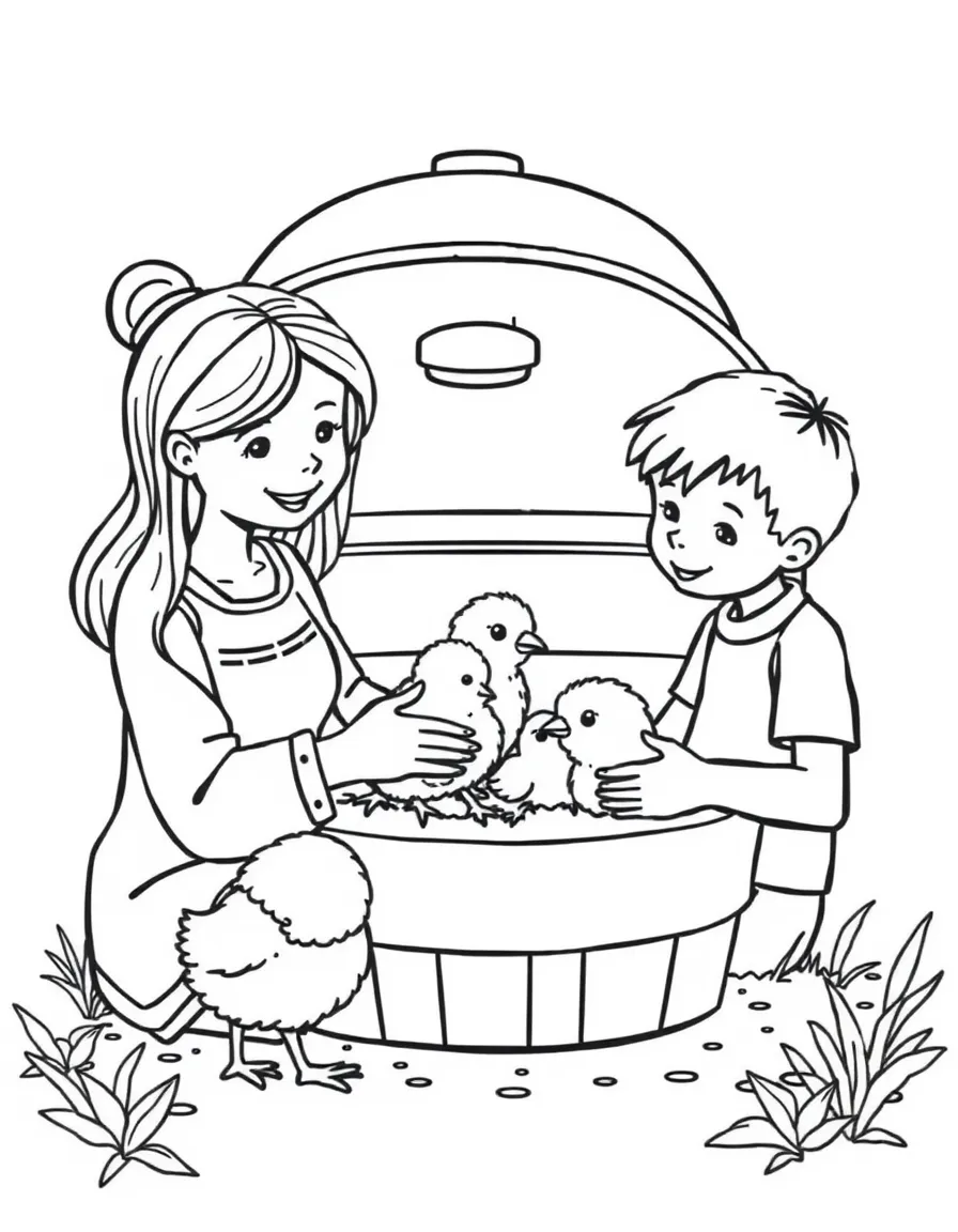 Family taking care of baby chicks in incubator