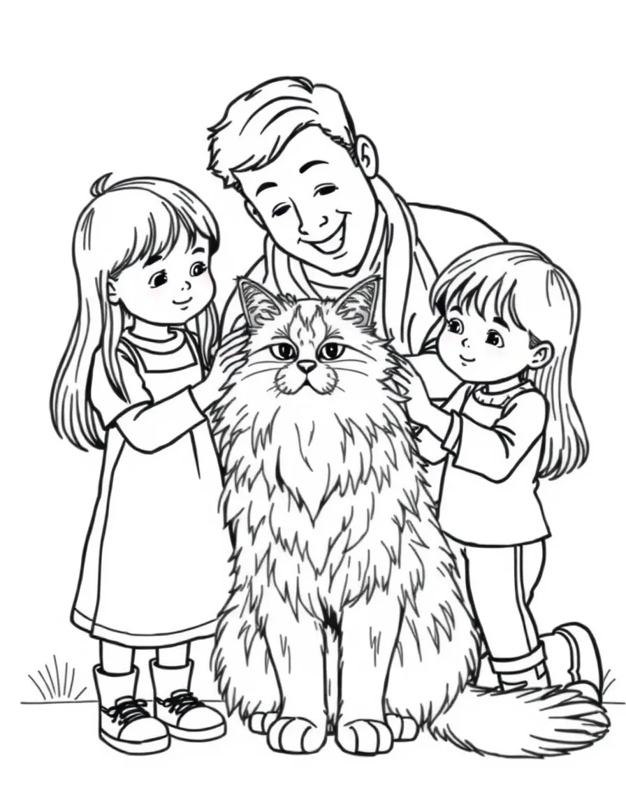 Children and parents grooming a long-haired cat