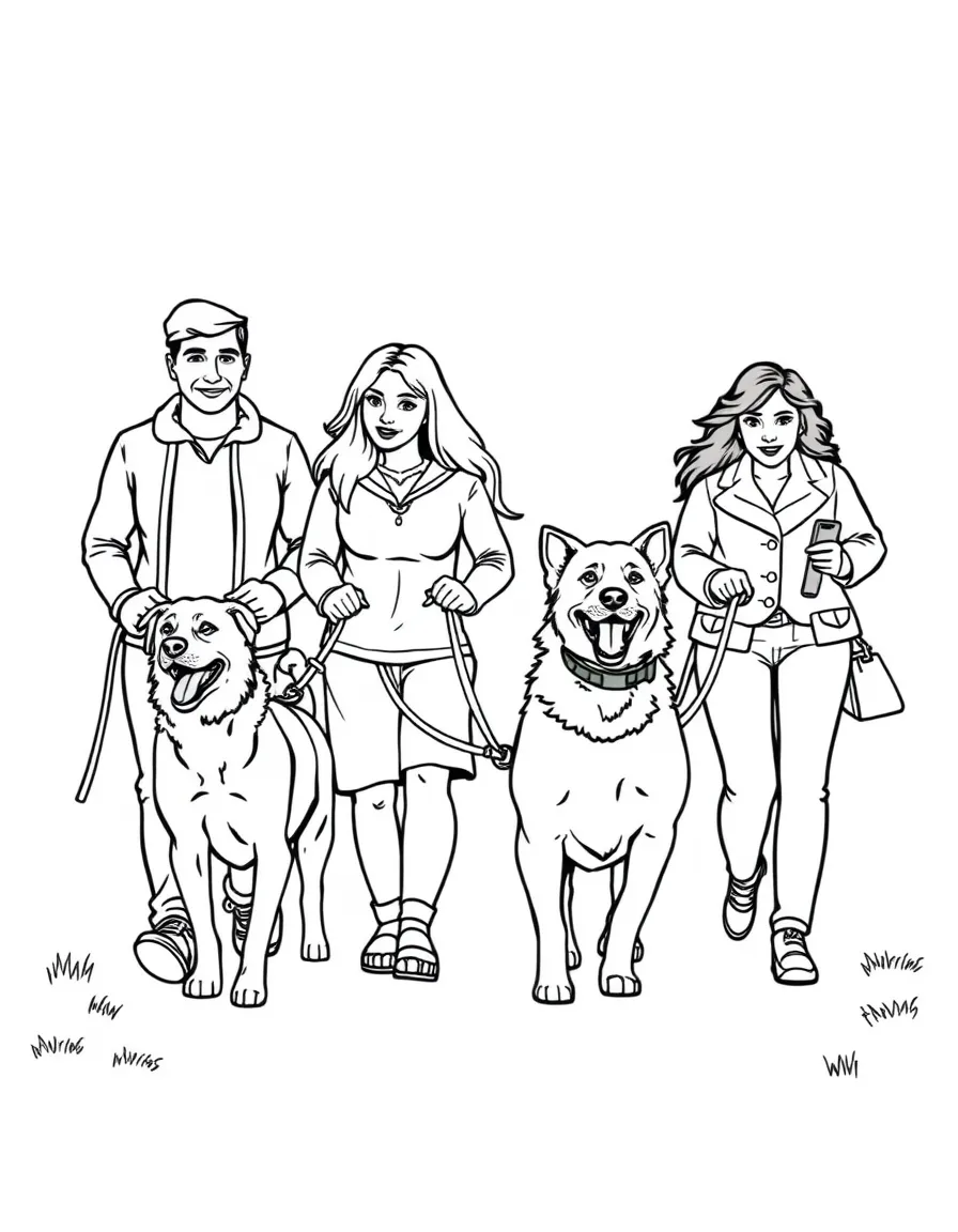 Family walking multiple dogs on leashes
