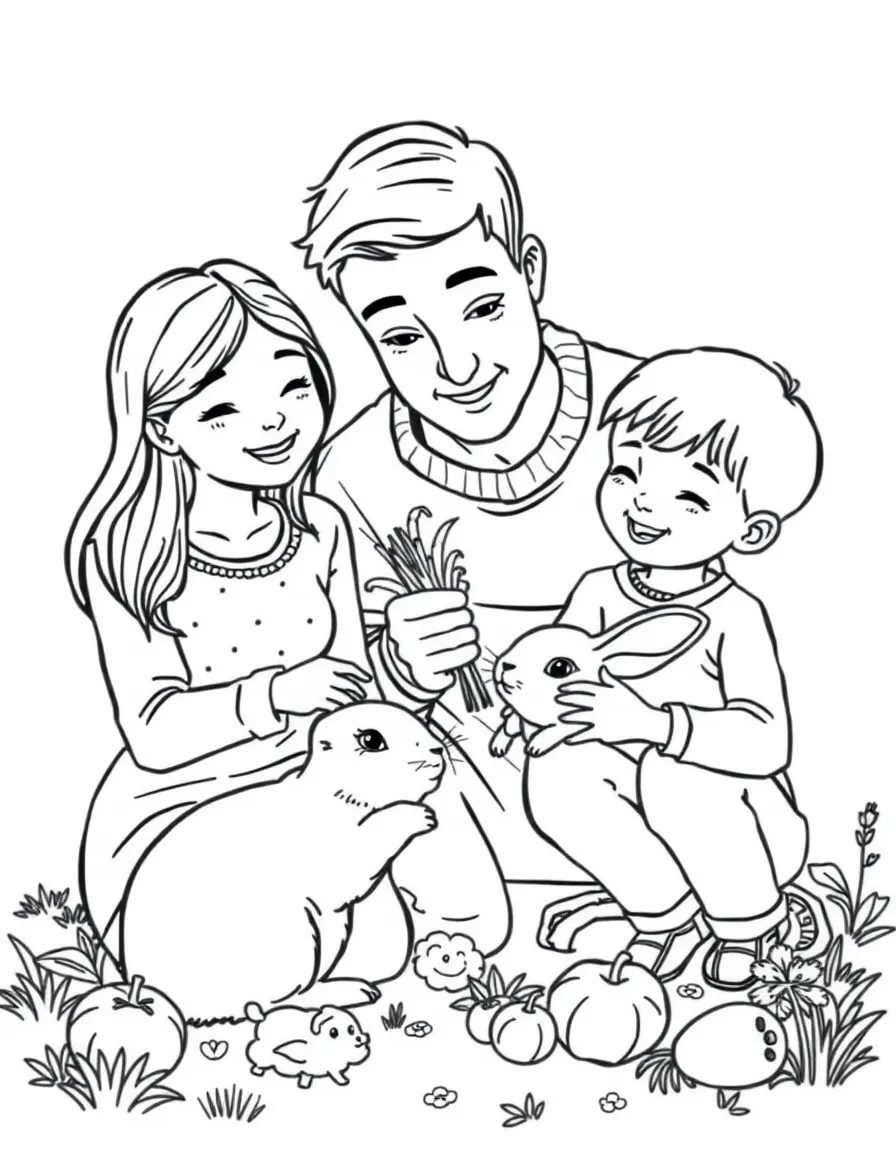 Family feeding a pet rabbit with vegetables