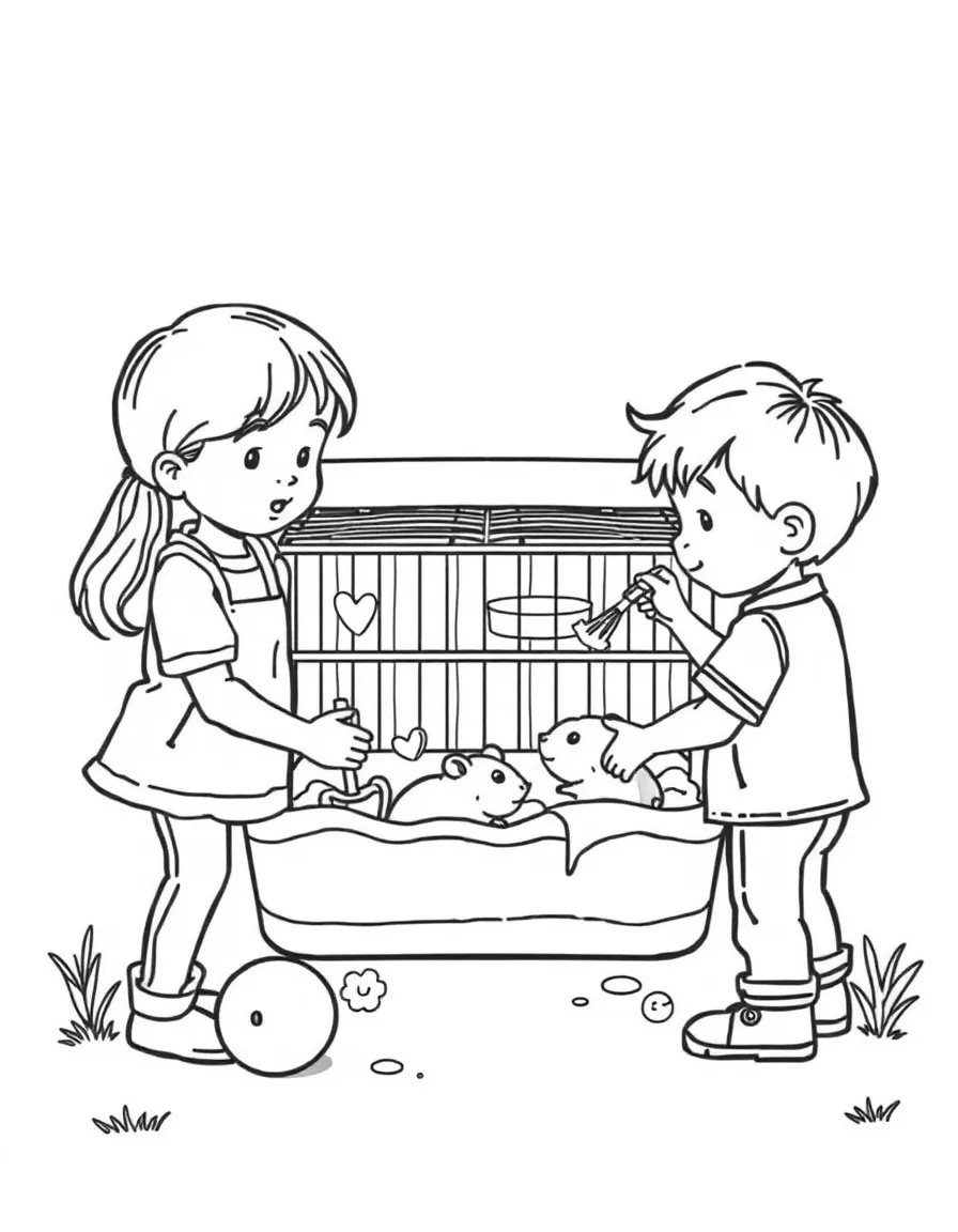 Children helping clean a hamster cage