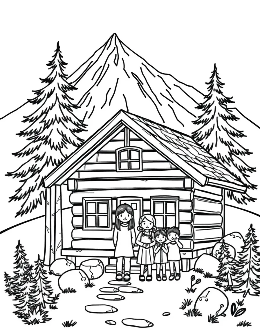 Family at a mountain cabin with pine trees
