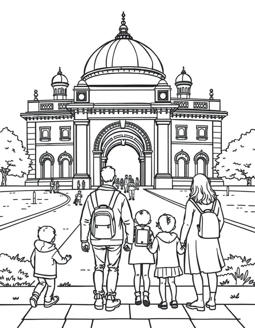 Parents and children at a historical landmark