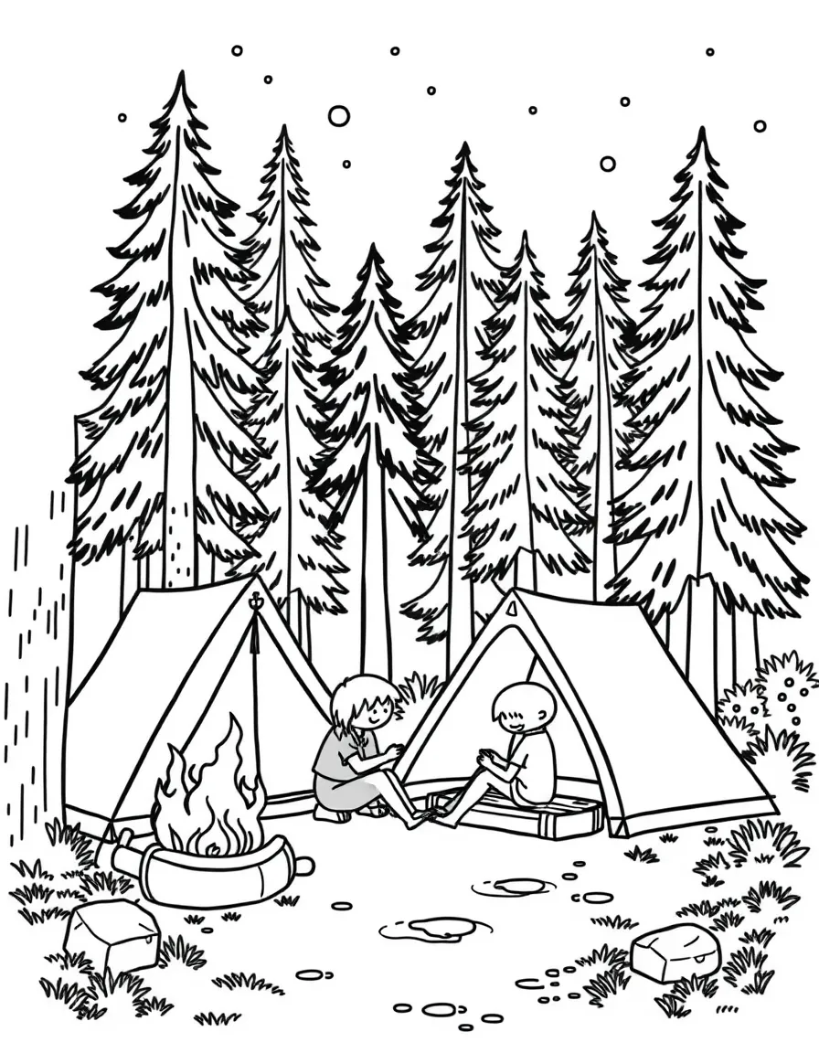 Family camping in the woods with tents