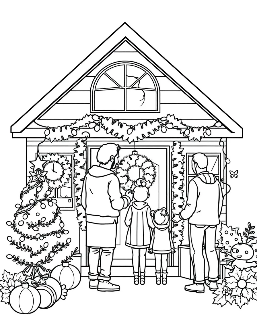 Family decorating a home for Christmas with lights