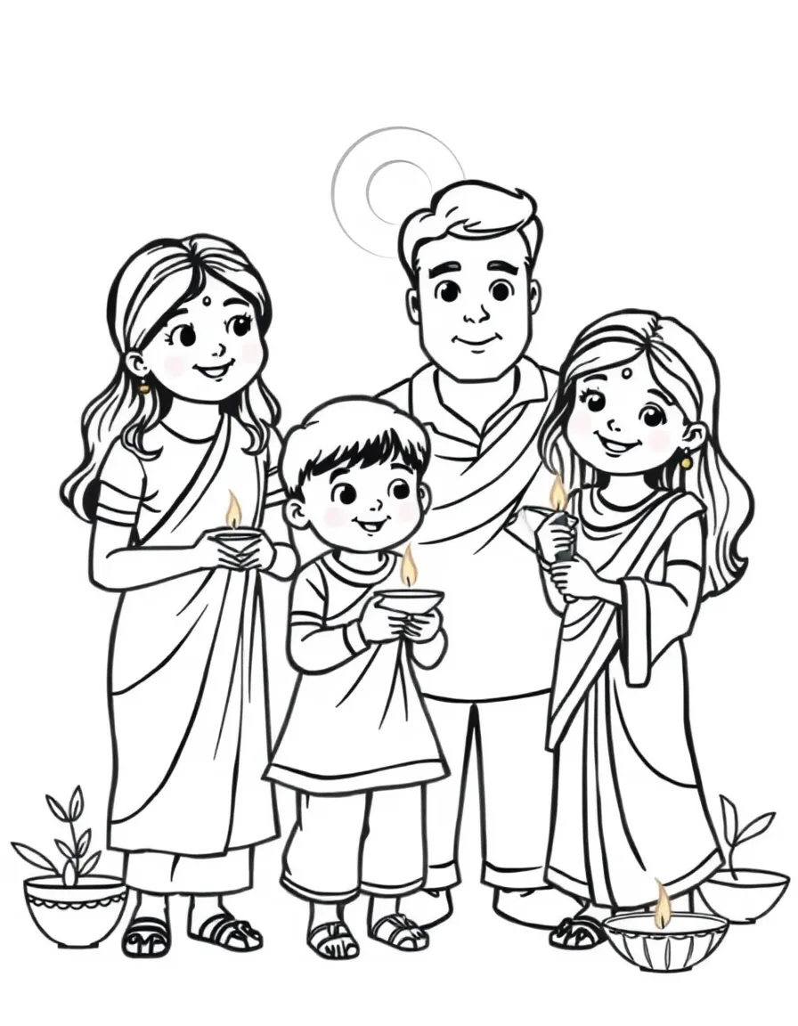 Children and parents at a Diwali celebration with lamps