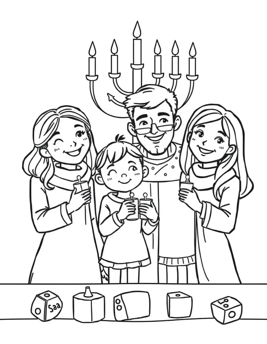 Family at a Hanukkah celebration with dreidels