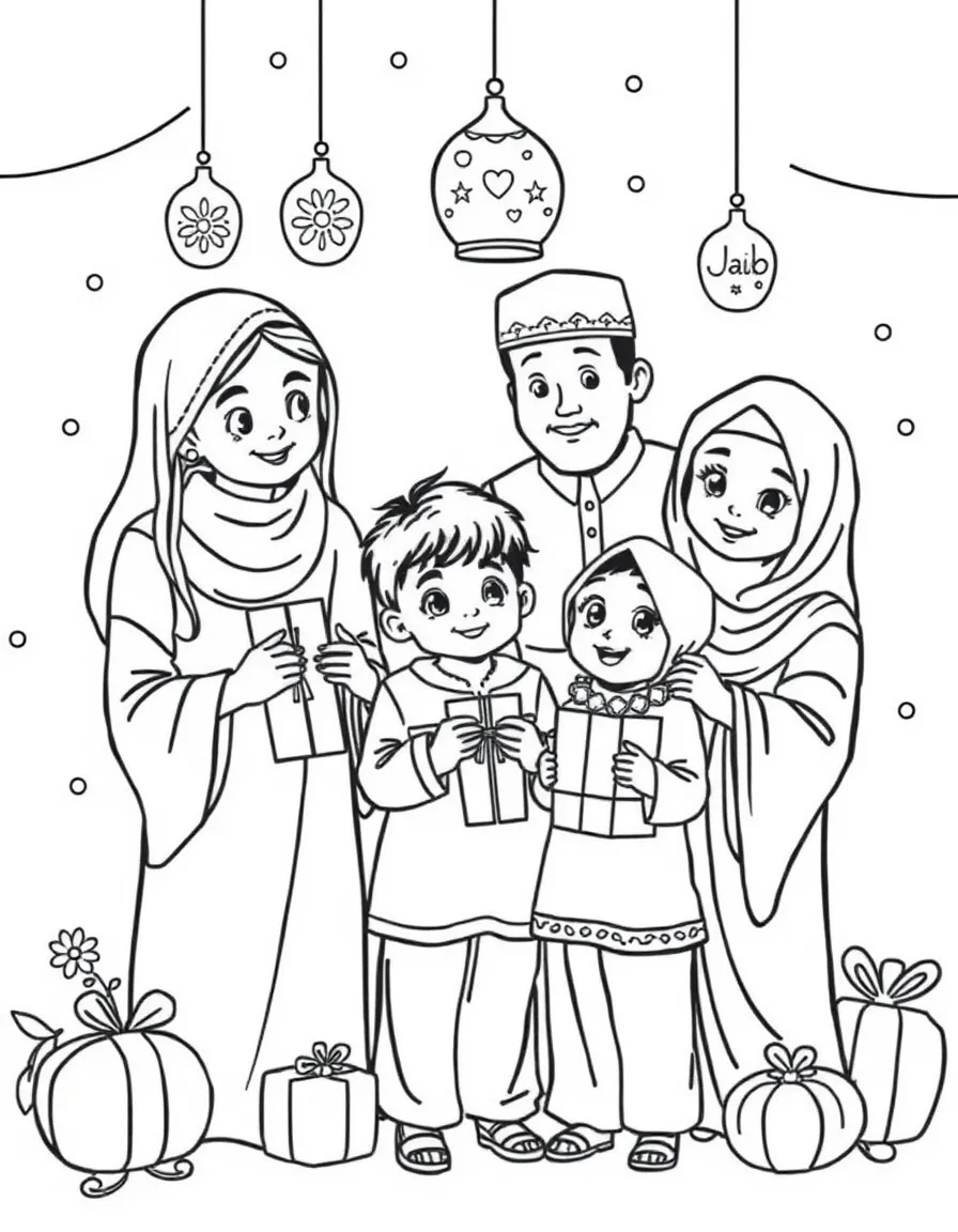 Parents and children at Eid celebration with gifts