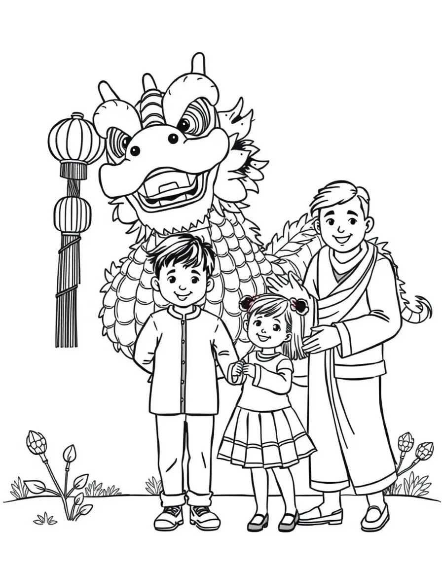 Family celebrating Chinese New Year with dragon dance