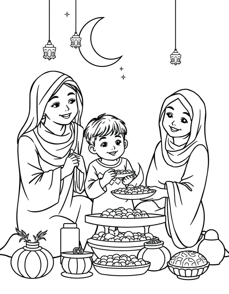 Parents and children celebrating Ramadan with foods