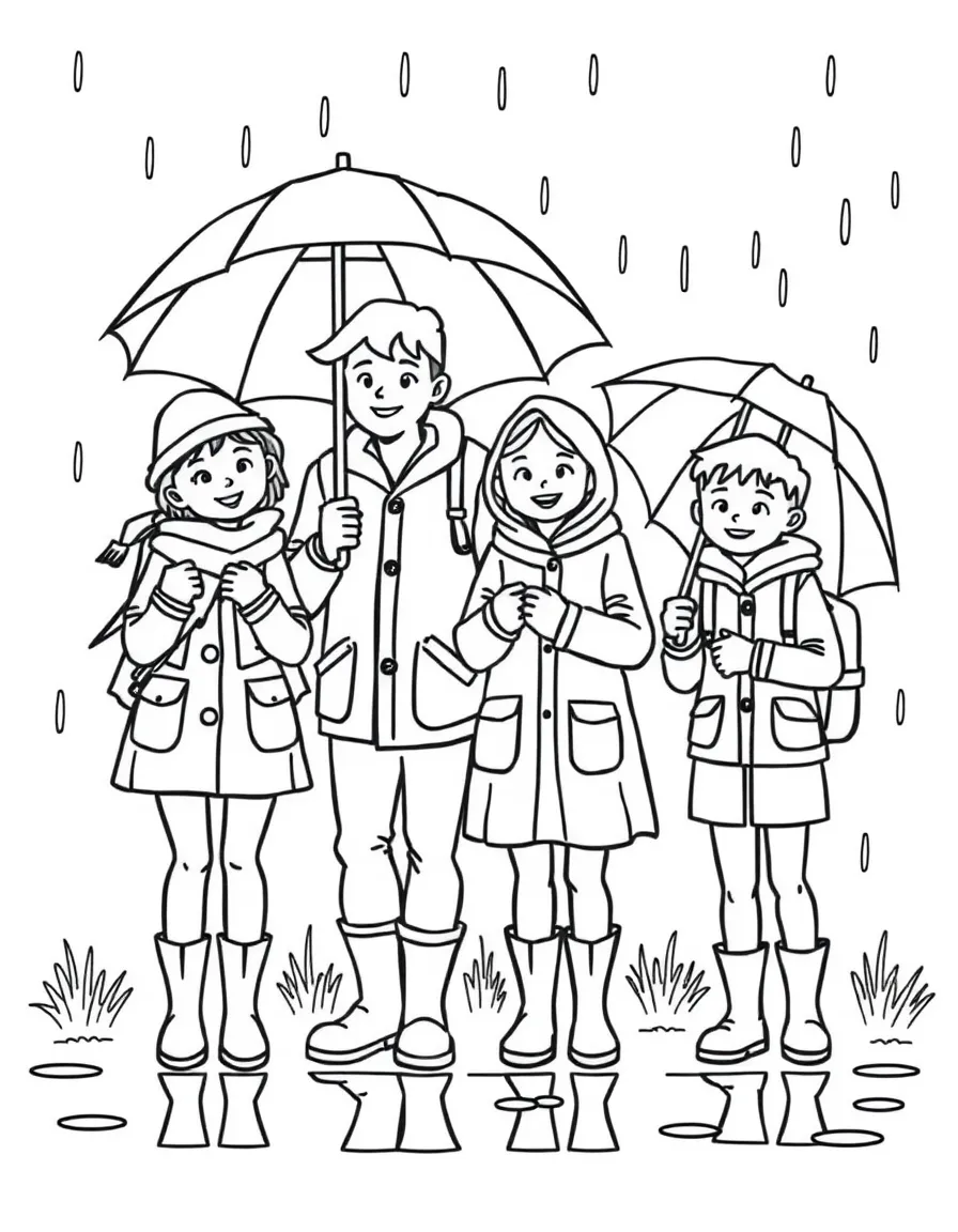 Family dressed for rain with umbrellas and boots