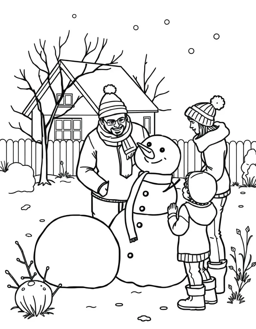 Parents and children building a snowman in yard