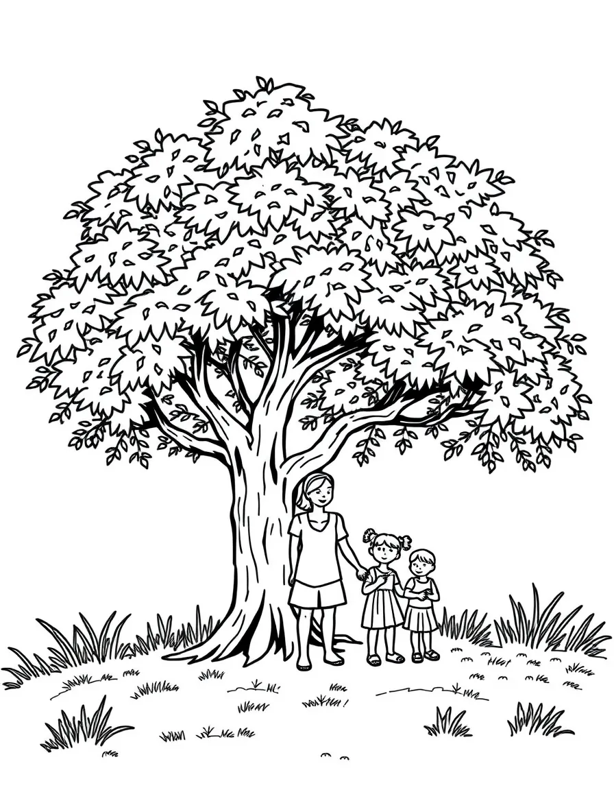 Family seeking shade under a tree on hot day