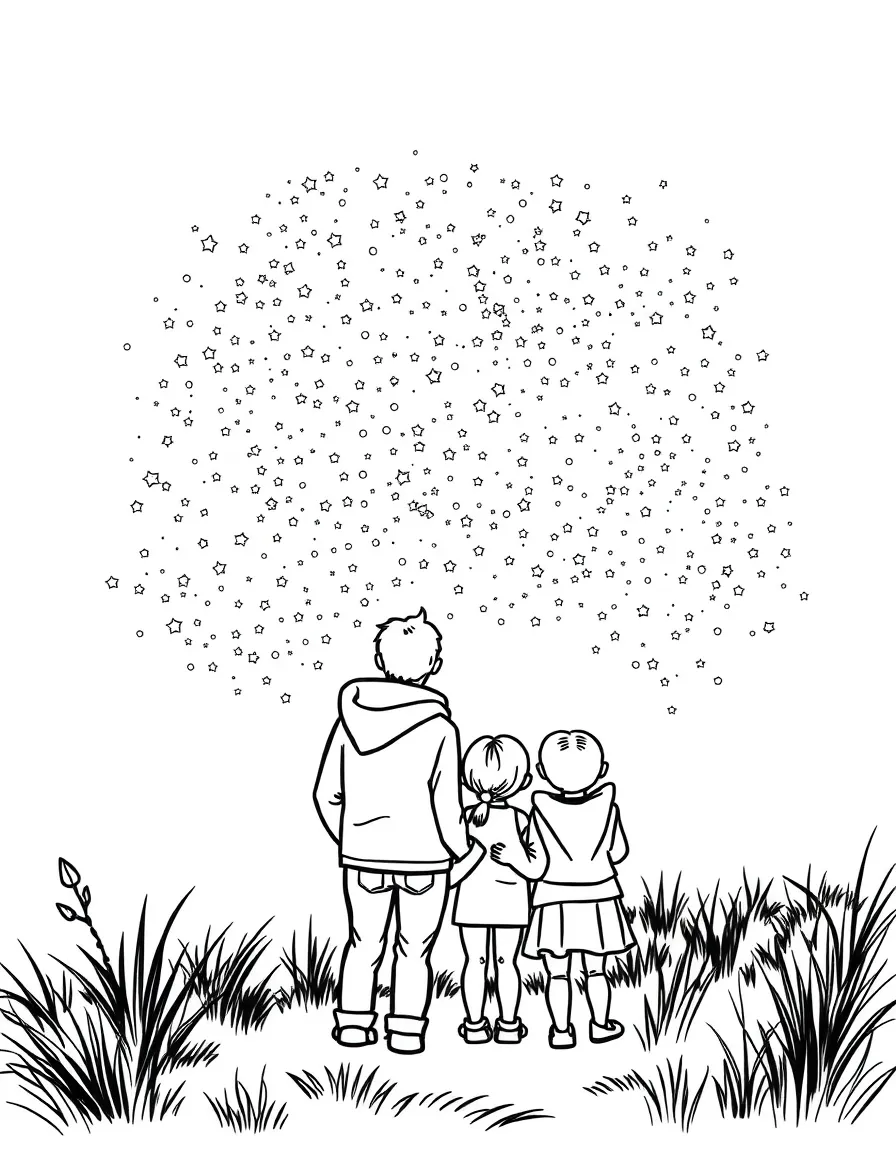 Parents and children looking at stars on clear night