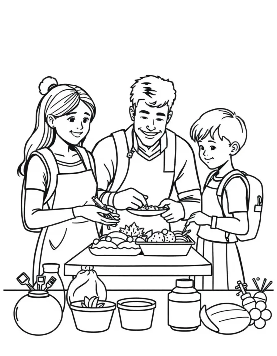 Family preparing lunches for school week
