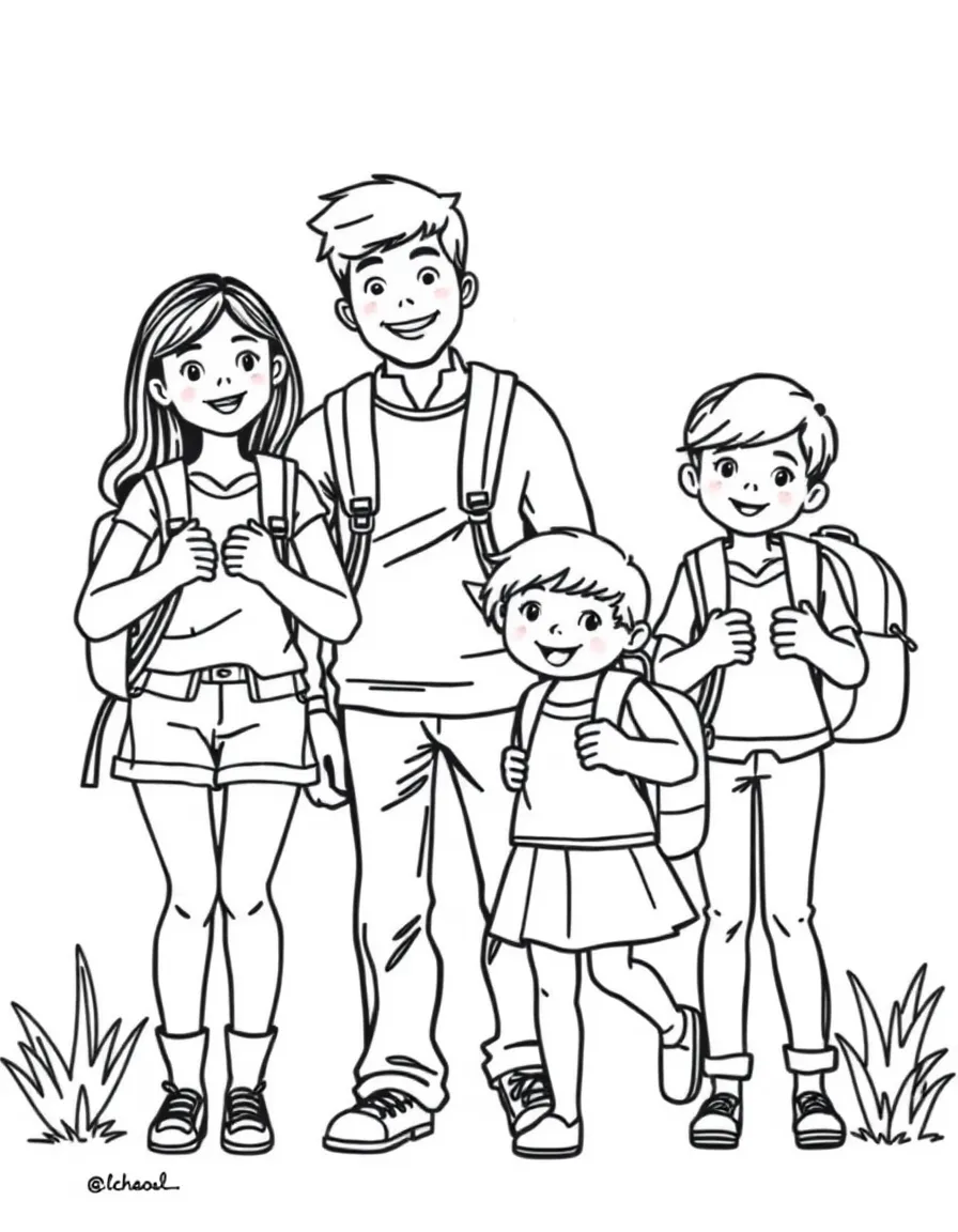 Family at child's first day of school with backpack