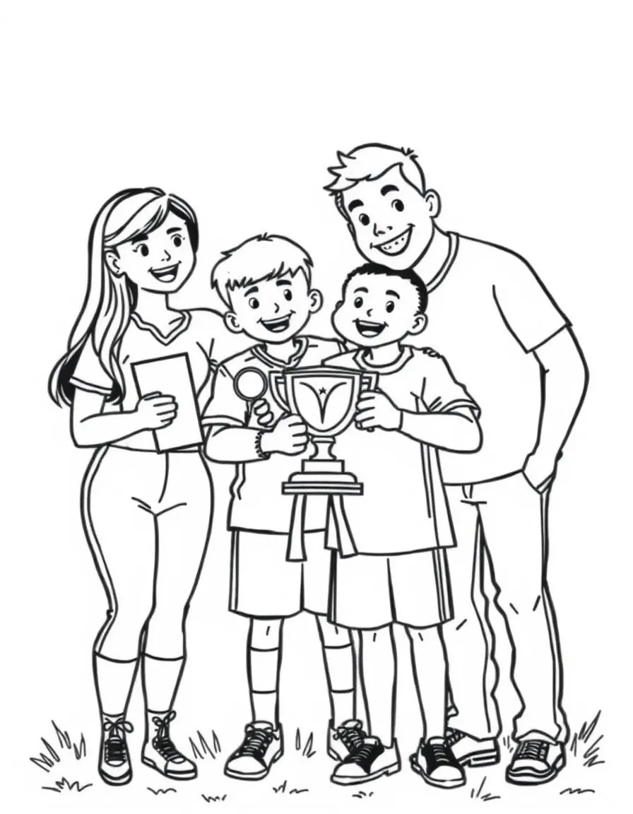 Family celebrating child's first sports trophy