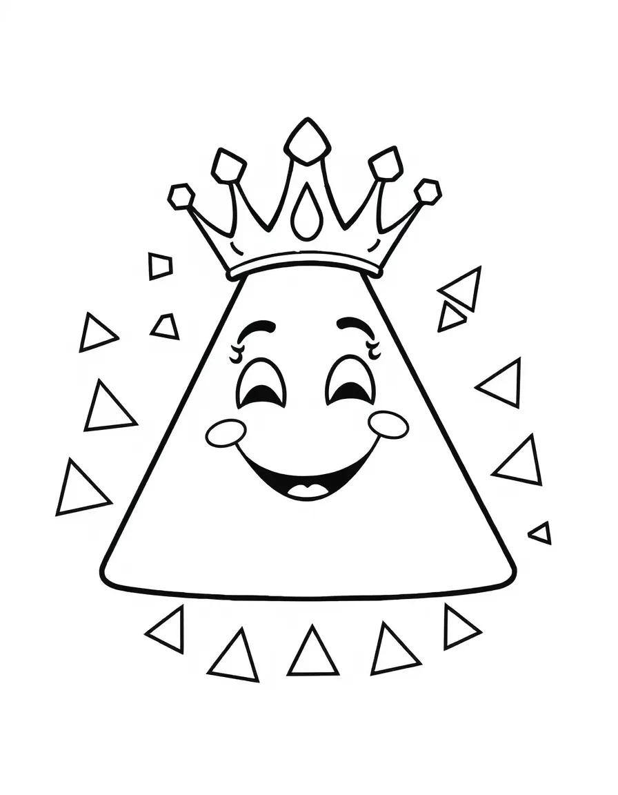 A smiling triangle wearing a crown, surrounded by smaller triangles in different orientations