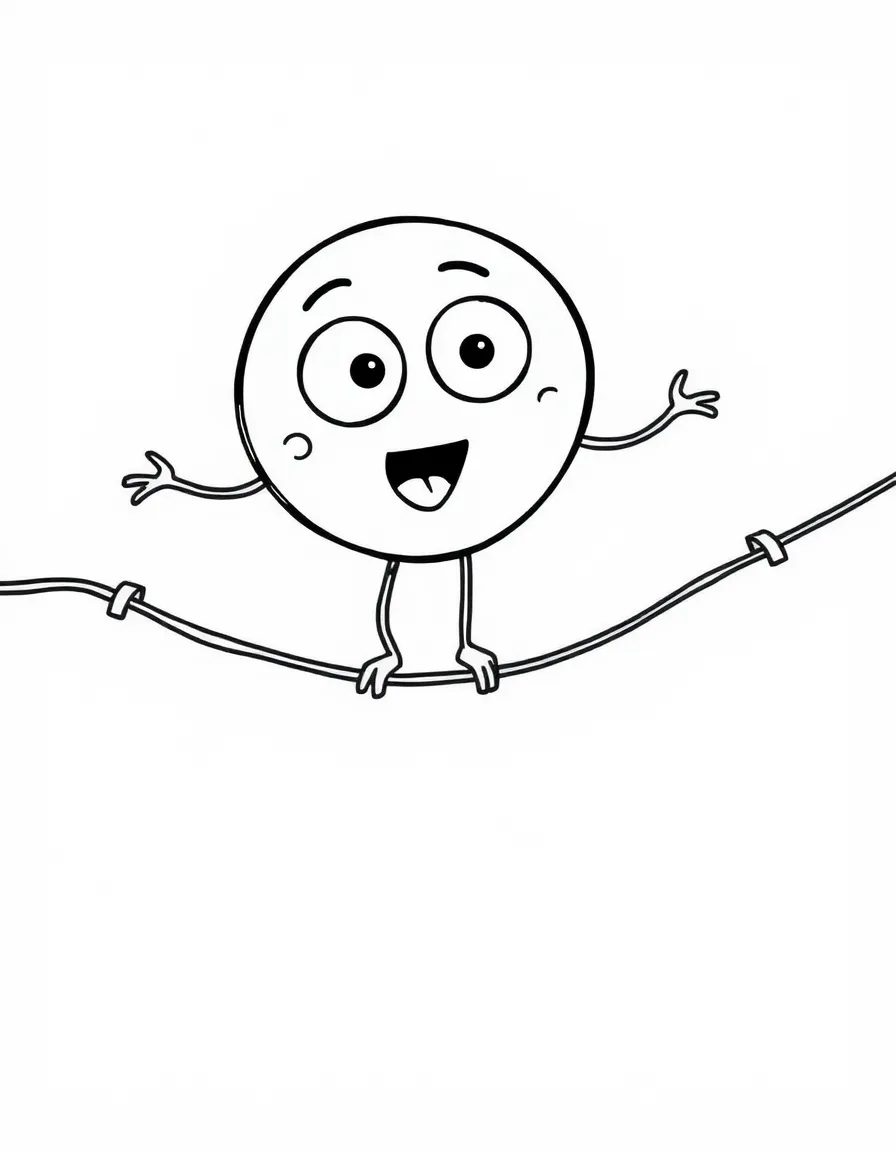 A round circle character with expressive eyes balancing on a tightrope of wavy lines