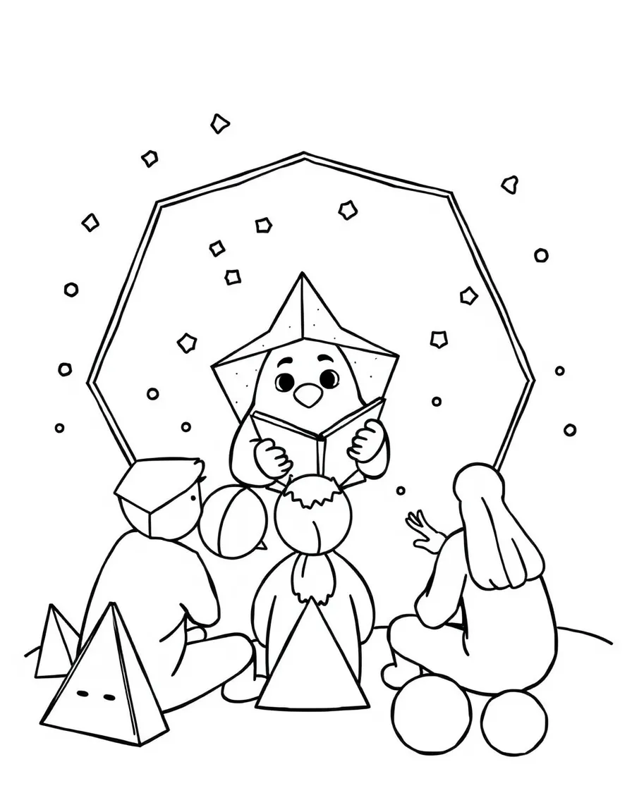A pentagon telling stories to a group of attentive triangles and circles