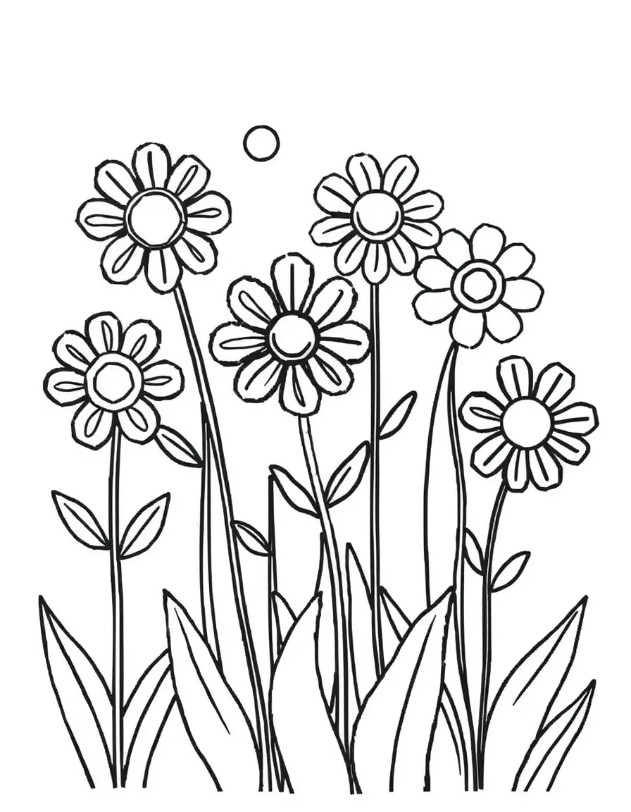A garden of flowers made from circles with triangular and rectangular leaves and stems