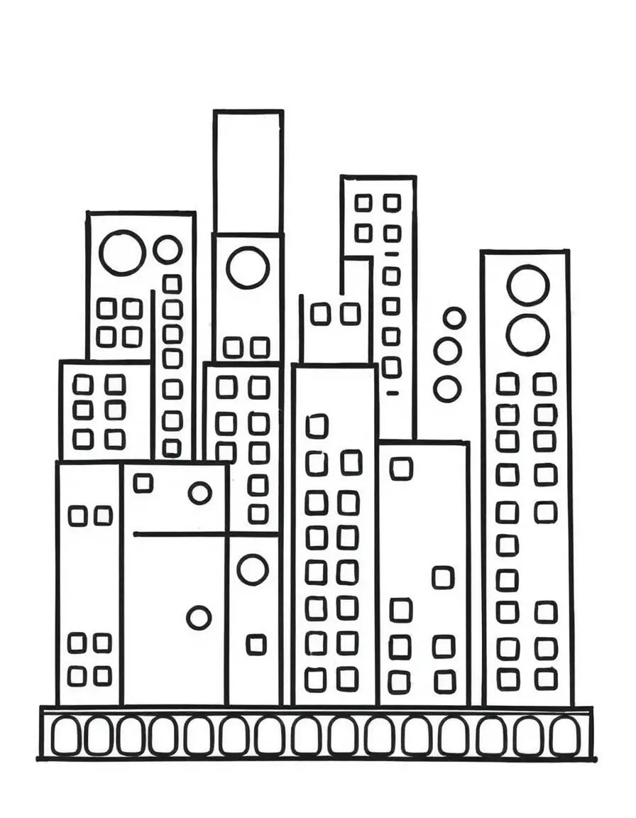 A cityscape using only rectangles of varying heights with circular and square windows