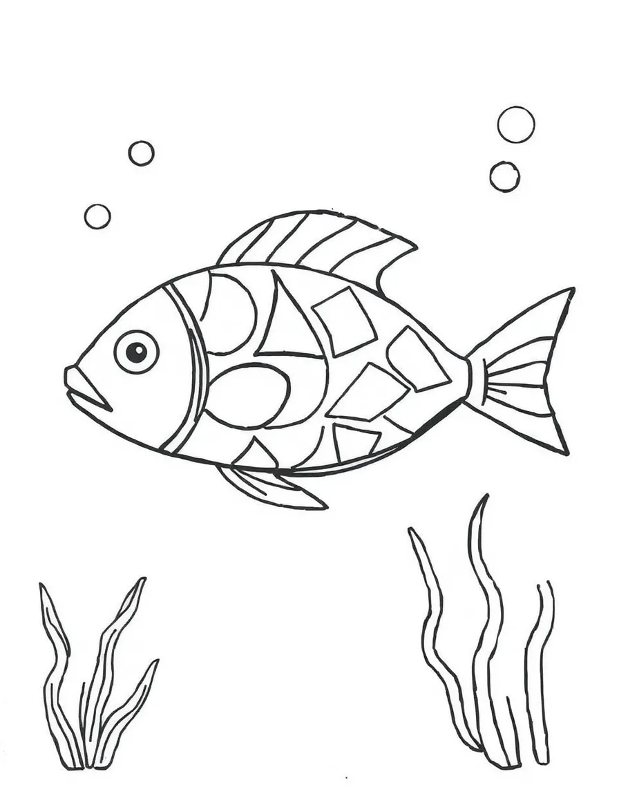 An underwater scene with fish made of ovals, triangles, and crescents