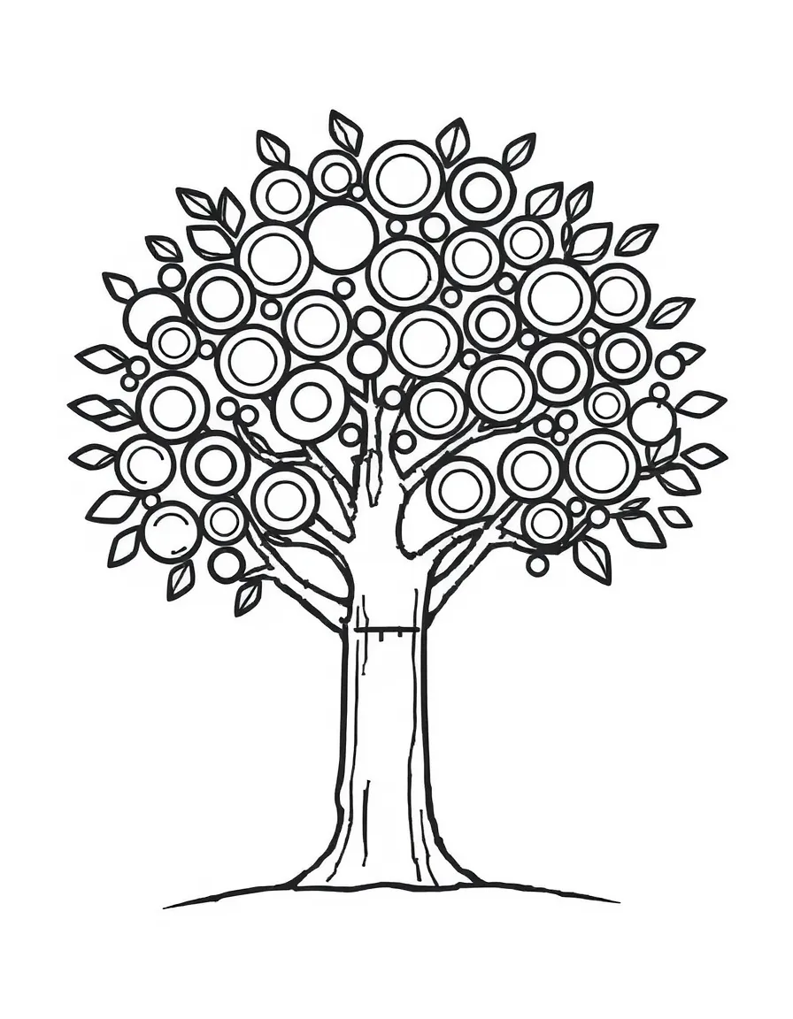 A tree with a rectangular trunk and leaves made of circles, diamonds, and triangles