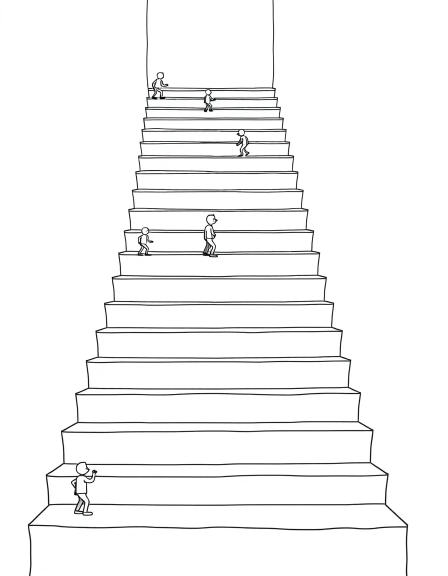 A gradient staircase from light to dark with small shape characters climbing up and down