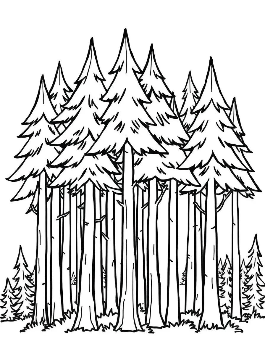 A forest of trees with triangular tops and rectangular trunks of varying heights