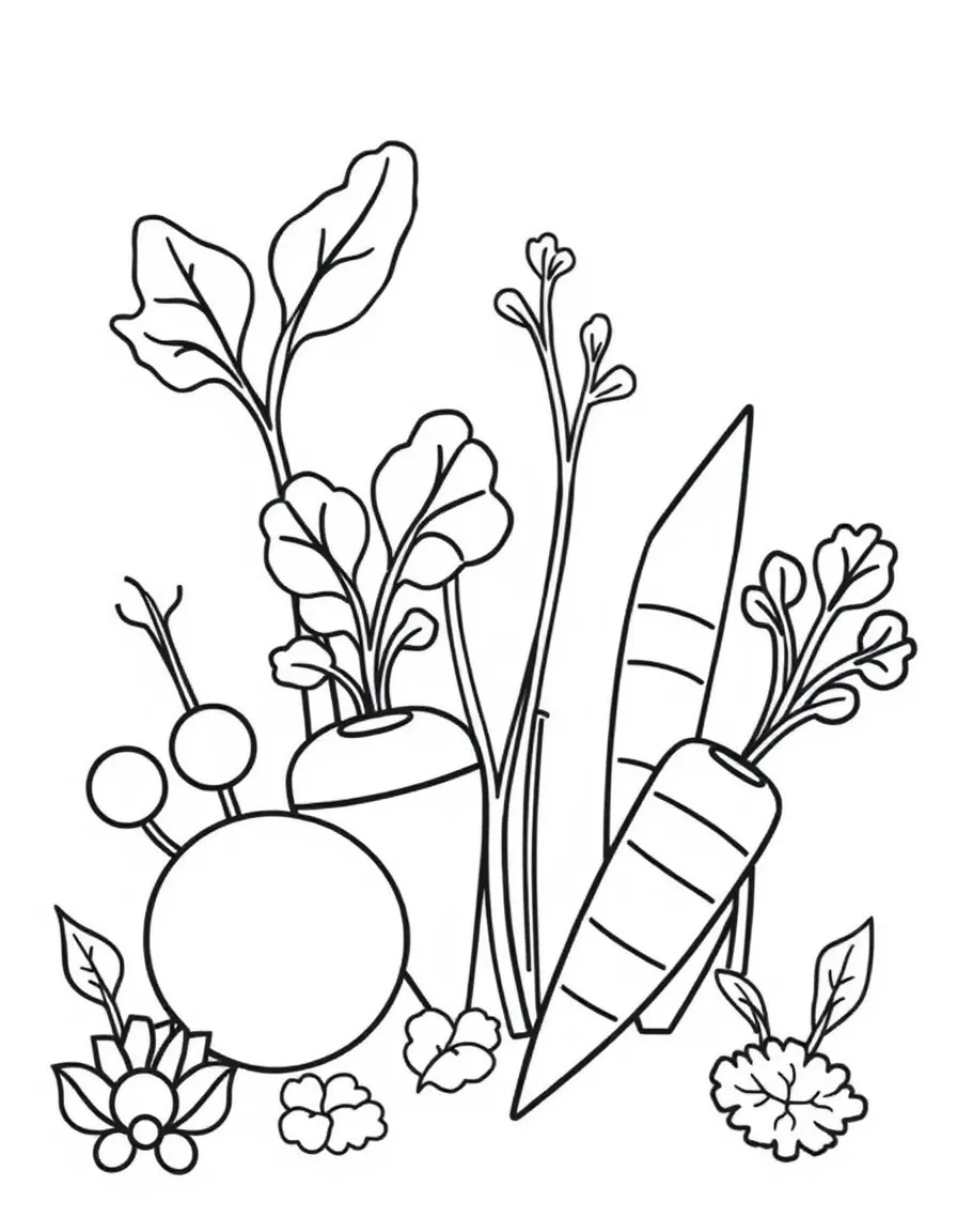 A garden of vegetables represented by basic shapes (circular radishes, cylindrical carrots)