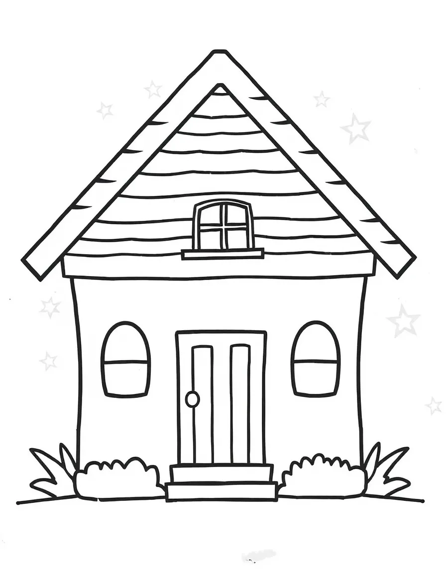 A house constructed from a square base, triangular roof, rectangular door, and circular windows