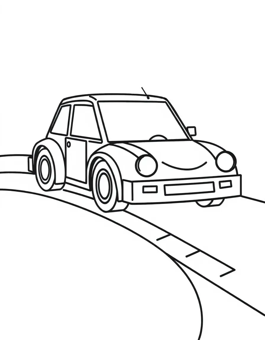 A car built from rectangles, circles, and semicircles, driving on a winding road