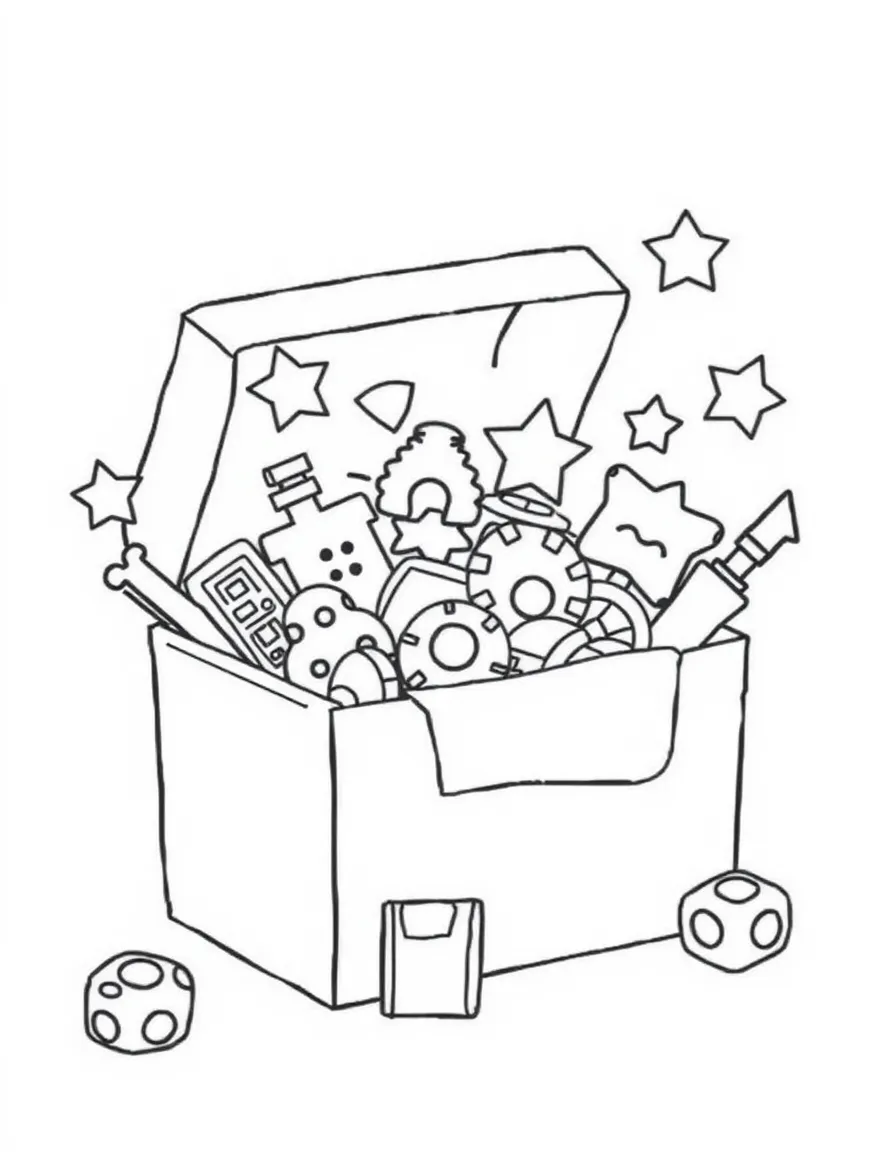 A toy box spilling out toys made from basic shapes and bright colors