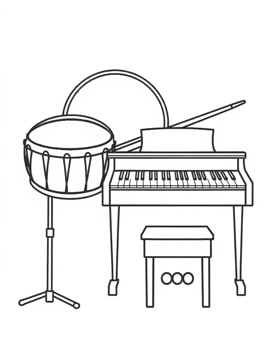 Musical instruments represented by their basic shapes (circular drums, rectangular pianos)